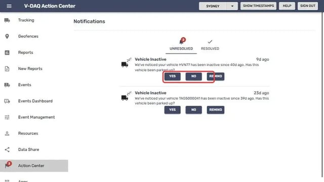 YES, NO and REMIND buttons on a Vehicle Inactive notification