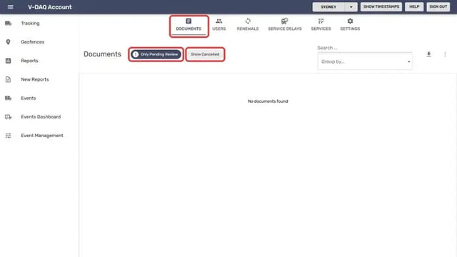 Documents tab with the filters and Search