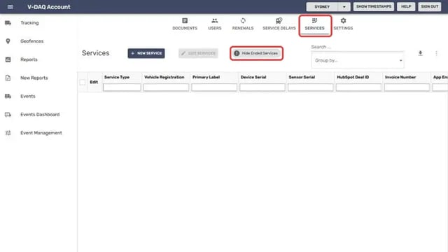 Services tab and the Hide Ended Services filter