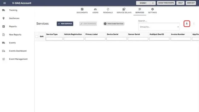 Download icon on the Services tab