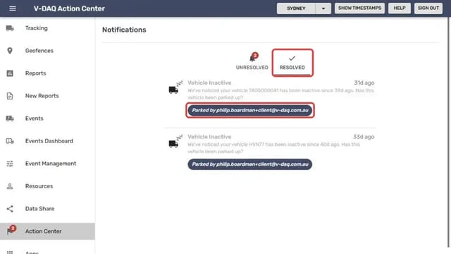 Resolved tab showing who actioned each notification