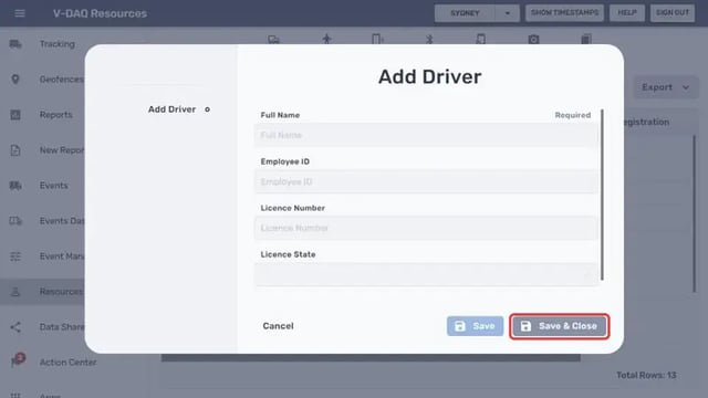 Save & Close button in the Add Driver window
