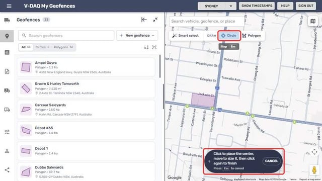 Circle tool with on-screen instructions
