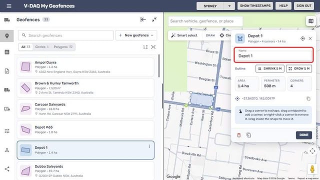 The Name field on the geofence card