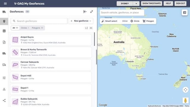 The Geofences page with the list and map