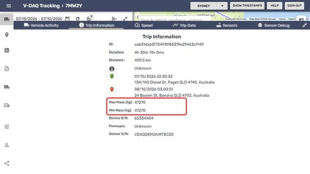 Max and min mass in Trip Information