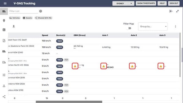 Axle sensor error icons on the Tracking table