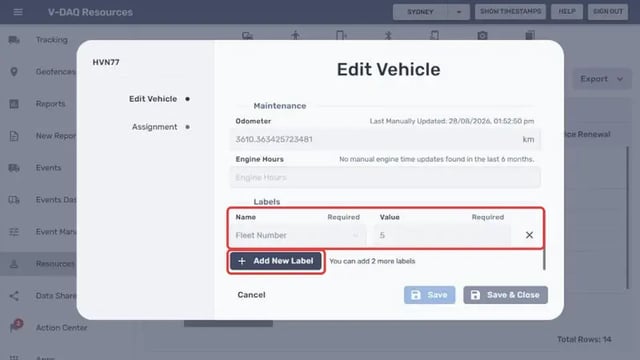 Labels section with an existing label and the Add New Label button