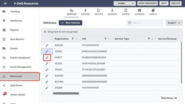 Resources menu and the pencil icon on a vehicle row