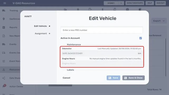 Odometer and Engine Hours fields in the Maintenance section
