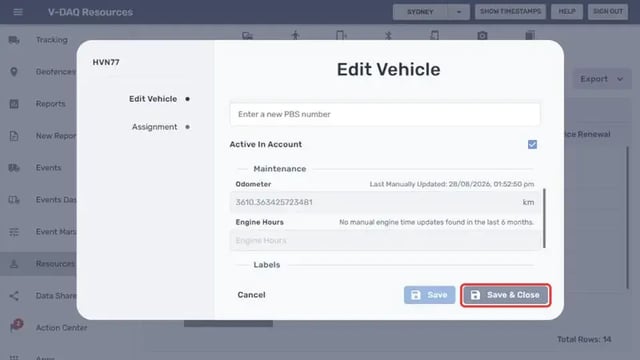 Save & Close button in the Edit Vehicle window